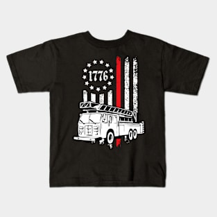 Fire Firefighter Rescue Firetruck 1776 American Flag Kids T-Shirt